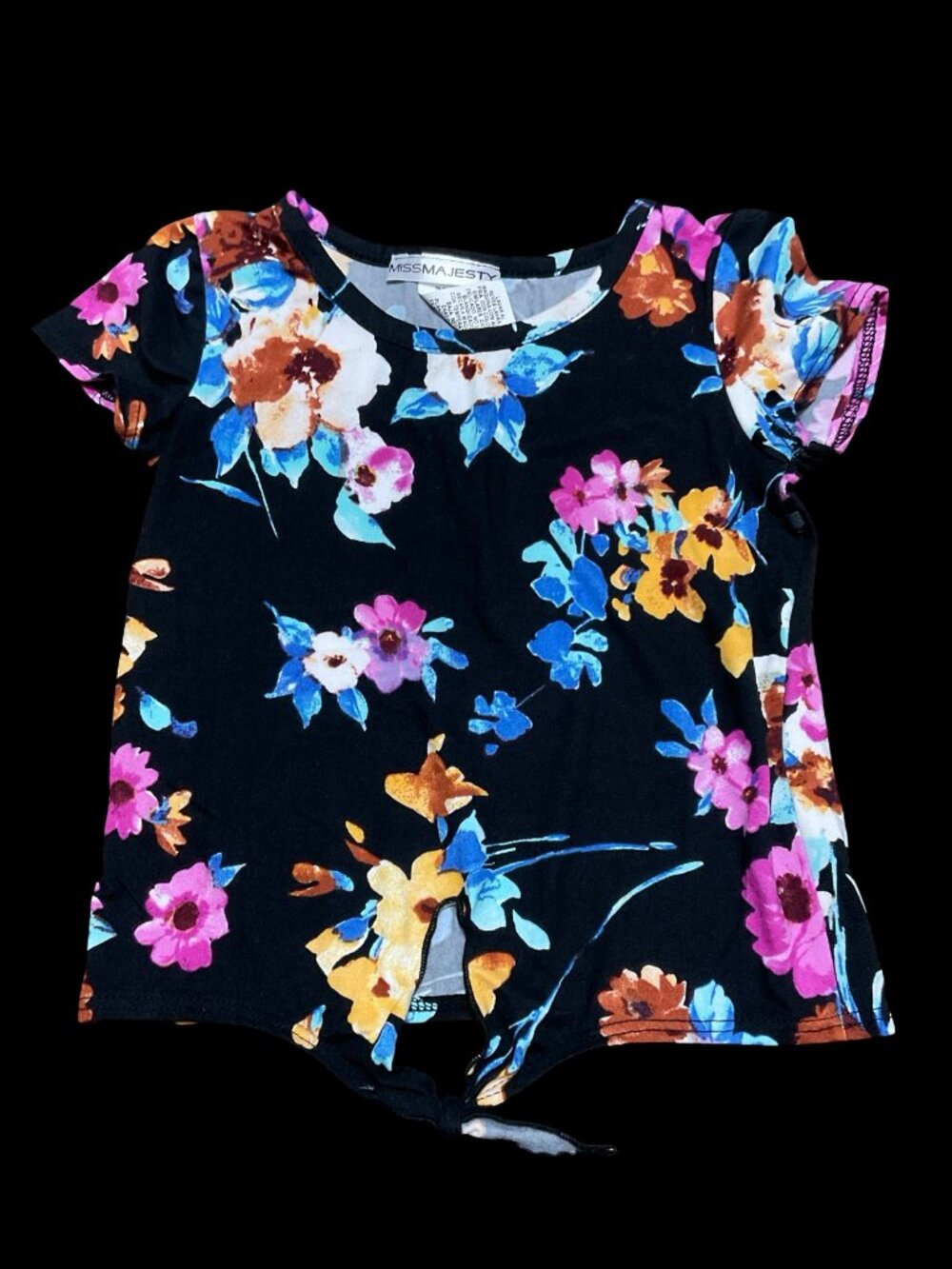🌻10/$25 - Black Multicolored Floral Print Tee w/ Front Tie Detail